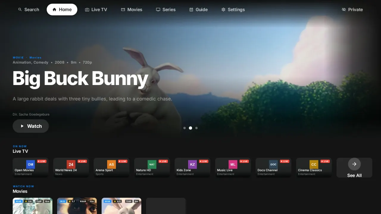 The babaplayer home screen on a TV, with Continue Watching and live channels