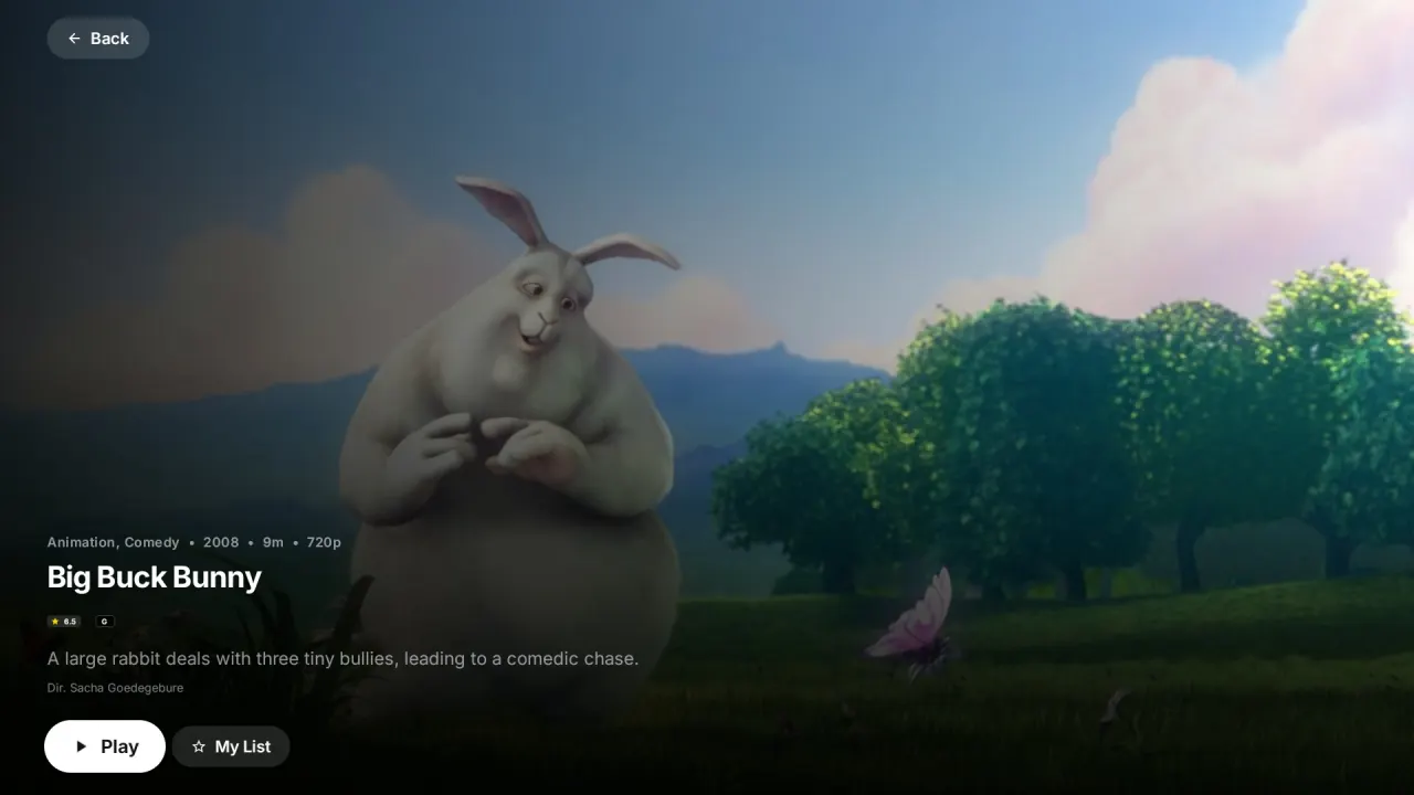 A film's detail page with Play and Add to favourites